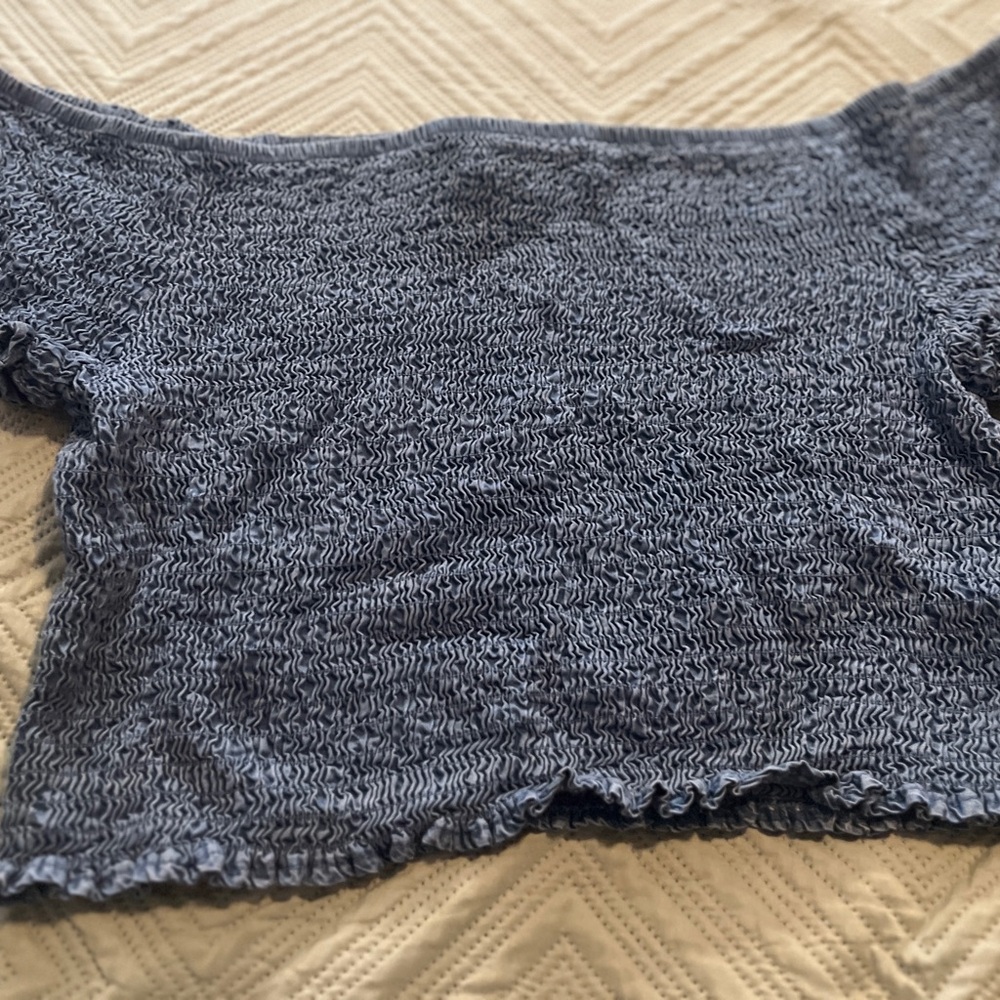 Forever 21 Blue Smocked Top - Rouched Stretchy Jean Material - off the shoulder